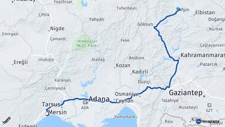 Kahramanmaraş Afşin Mersin Arası Kaç Km - Yol Haritası