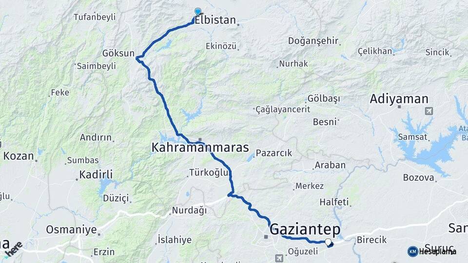 Kahramanmaraş Afşin Nizip Gaziantep Arası Kaç Km - Yol Haritası