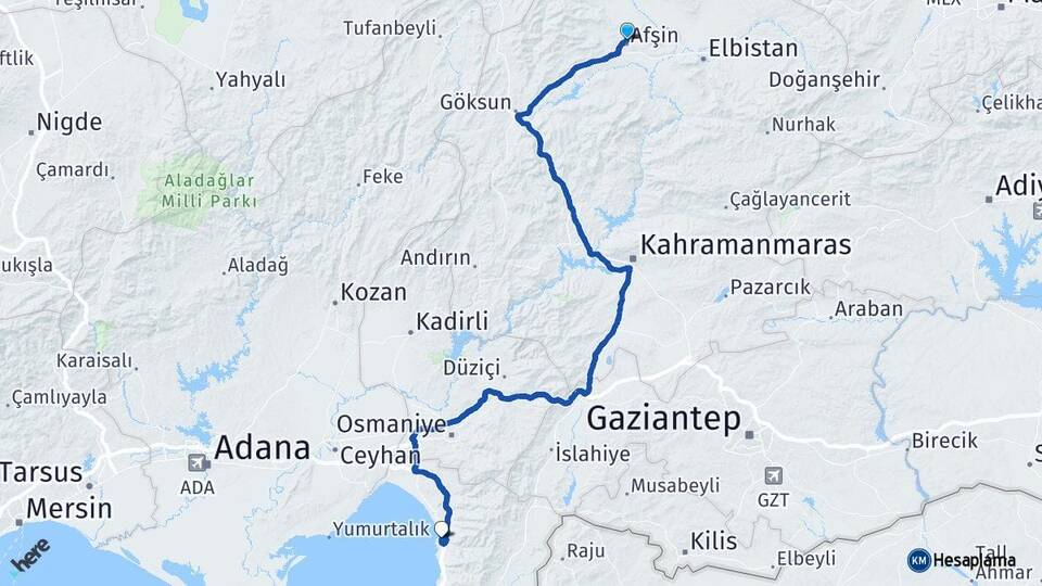 Kahramanmaraş Afşin Payas Hatay Arası Kaç Km - Yol Haritası