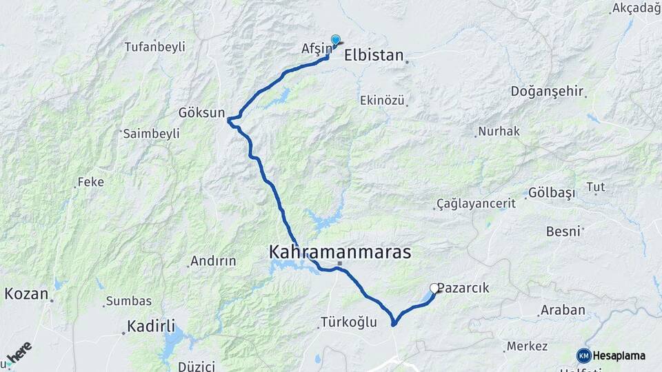 Kahramanmaraş Afşin Pazarcık Arası Kaç Km - Yol Haritası