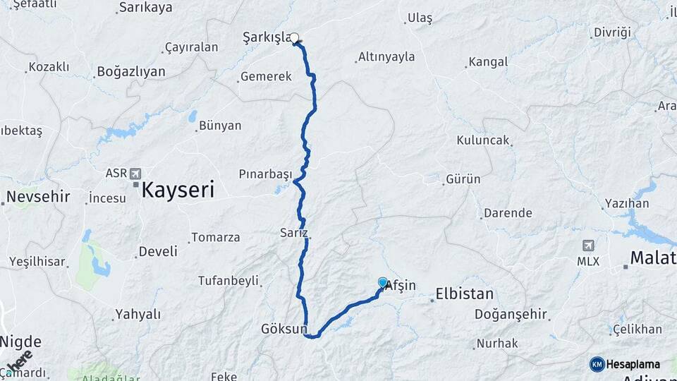 Kahramanmaraş Afşin Şarkışla Sivas Arası Kaç Km - Yol Haritası