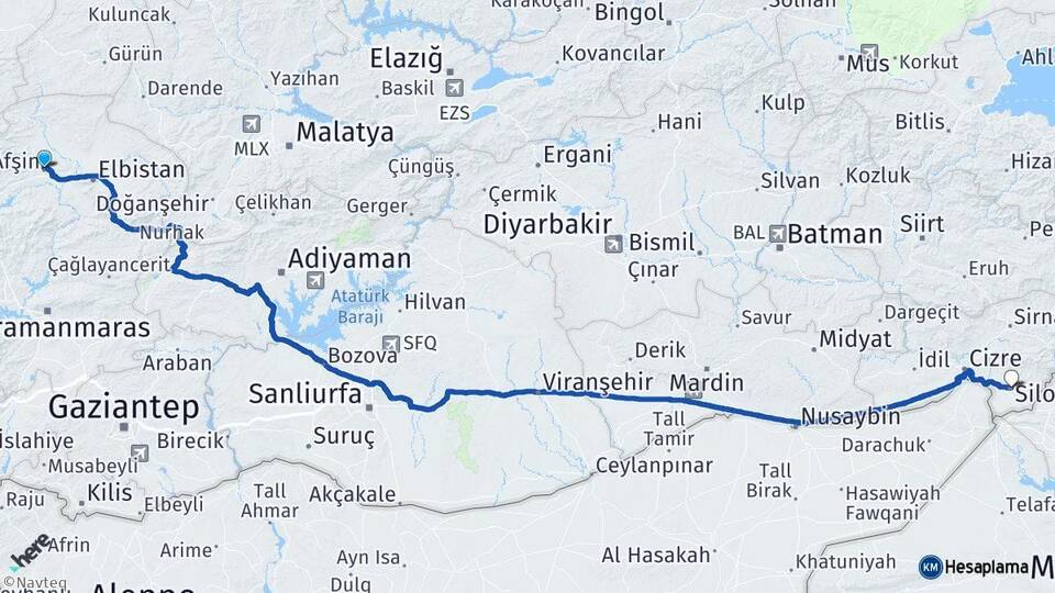 Kahramanmaraş Afşin Silopi Şırnak Arası Kaç Km - Yol Haritası