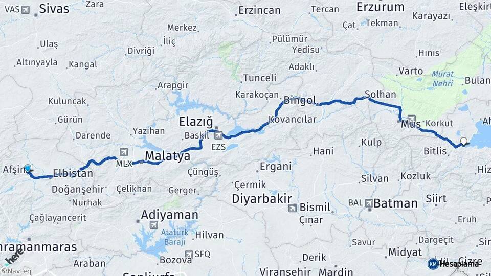 Kahramanmaraş Afşin Tatvan Bitlis Arası Kaç Km - Yol Haritası