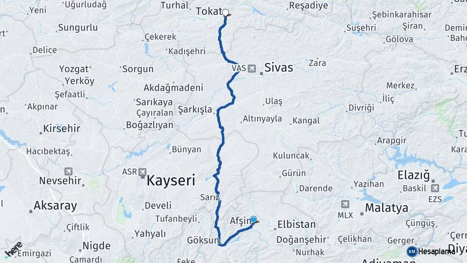 Kahramanmaraş Afşin Tokat Arası Kaç Km - Yol Haritası