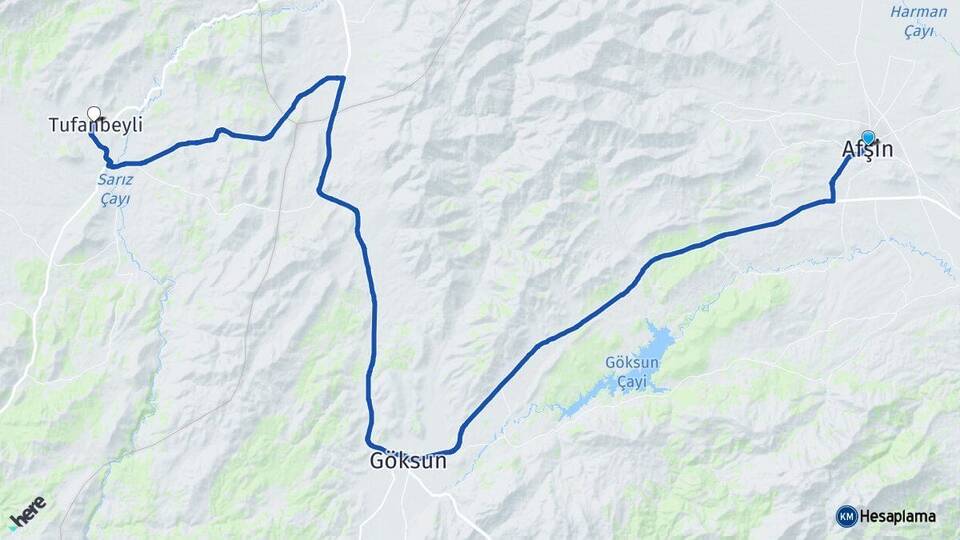Kahramanmaraş Afşin Tufanbeyli Adana Arası Kaç Km - Yol Haritası