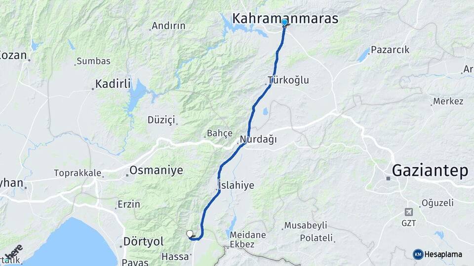 Kahramanmaraş Akbez Hassa Hatay Arası Kaç Km - Yol Haritası