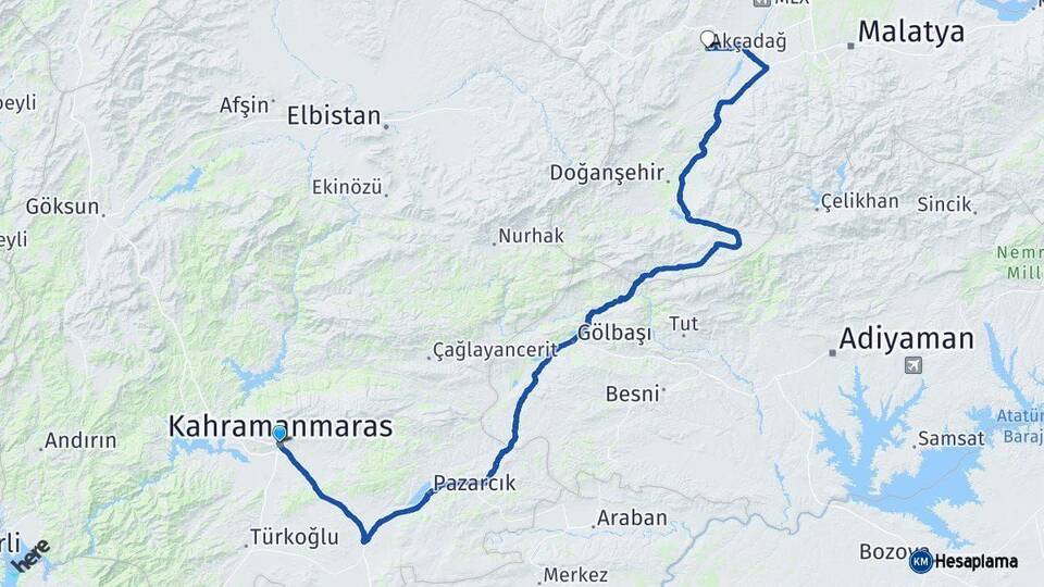 Kahramanmaraş Akçadağ Malatya Arası Kaç Km - Yol Haritası