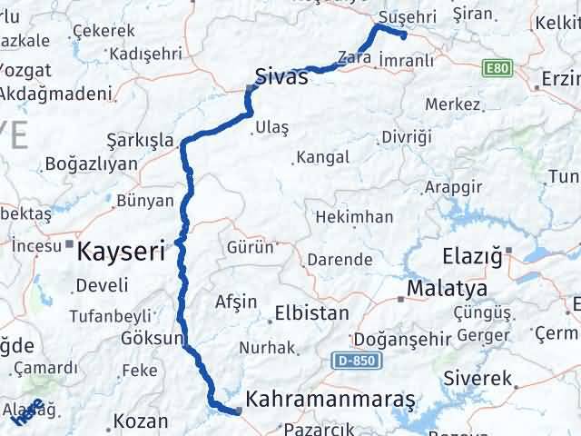 Kahramanmaraş Akıncılar Sivas Arası Kaç Km - Yol Haritası