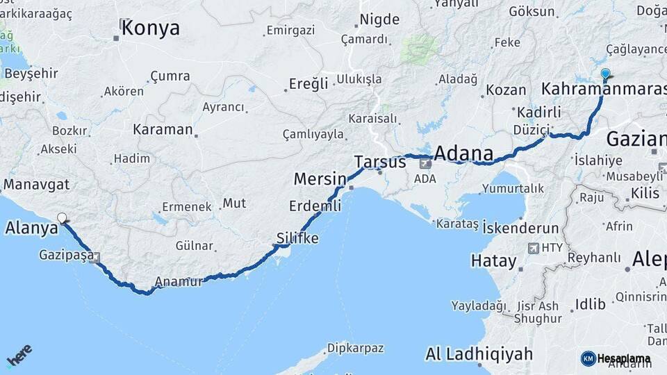 Kahramanmaraş Alanya Antalya Arası Kaç Km - Yol Haritası