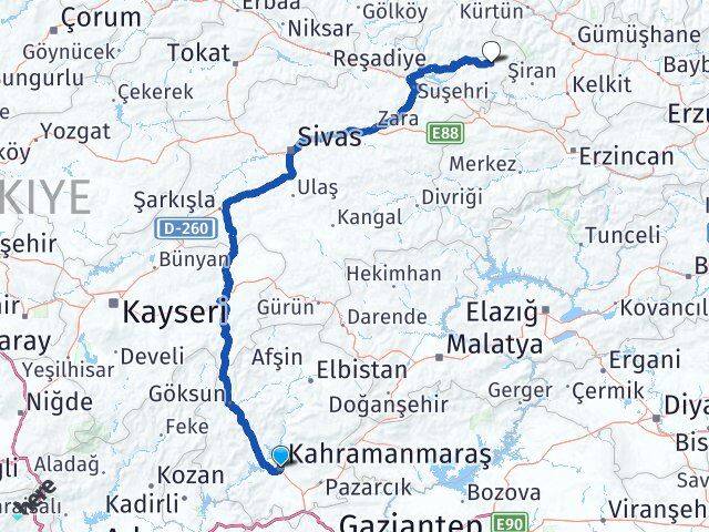 Kahramanmaraş Alucra Giresun Arası Kaç Km - Yol Haritası