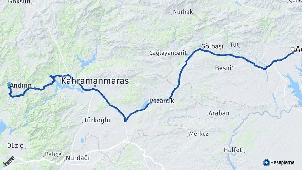 Kahramanmaraş Andırın Adıyaman Arası Kaç Km - Yol Haritası