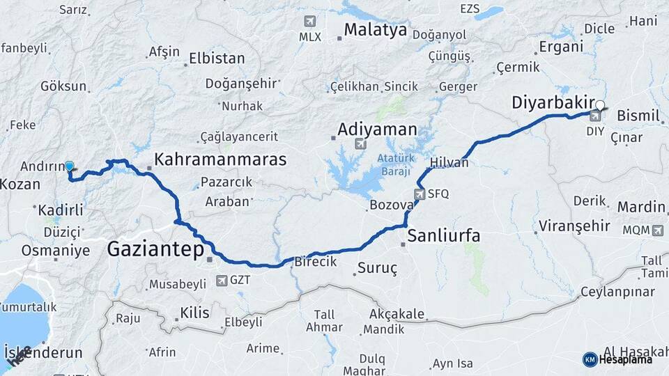 Kahramanmaraş Andırın Diyarbakır Arası Kaç Km - Yol Haritası