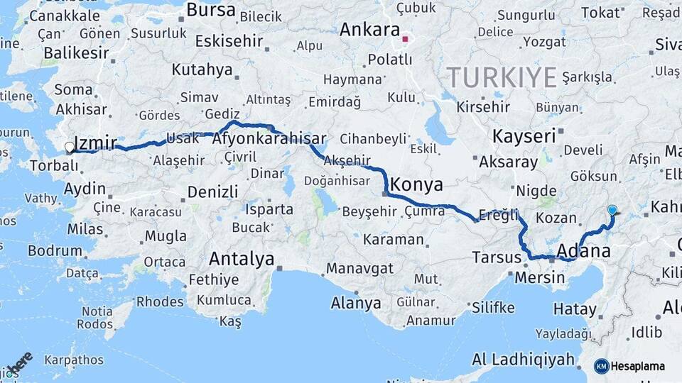 Kahramanmaraş Andırın İzmir Arası Kaç Km - Yol Haritası