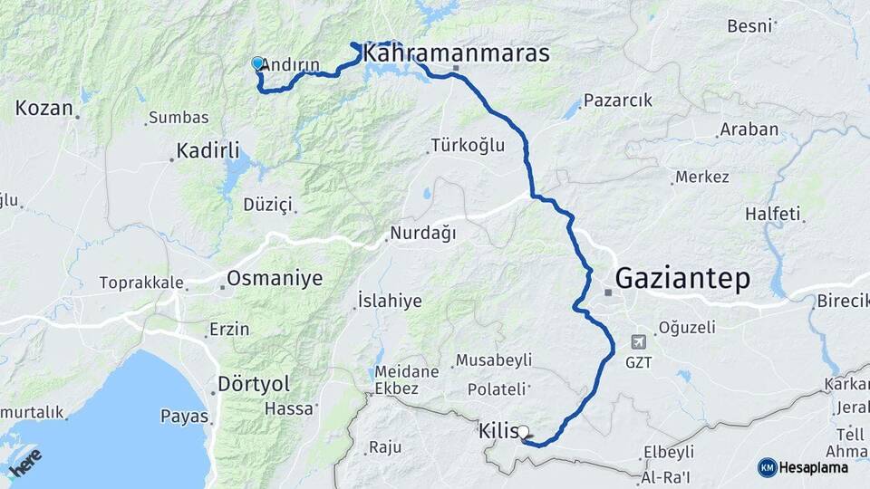 Kahramanmaraş Andırın Kilis Arası Kaç Km - Yol Haritası