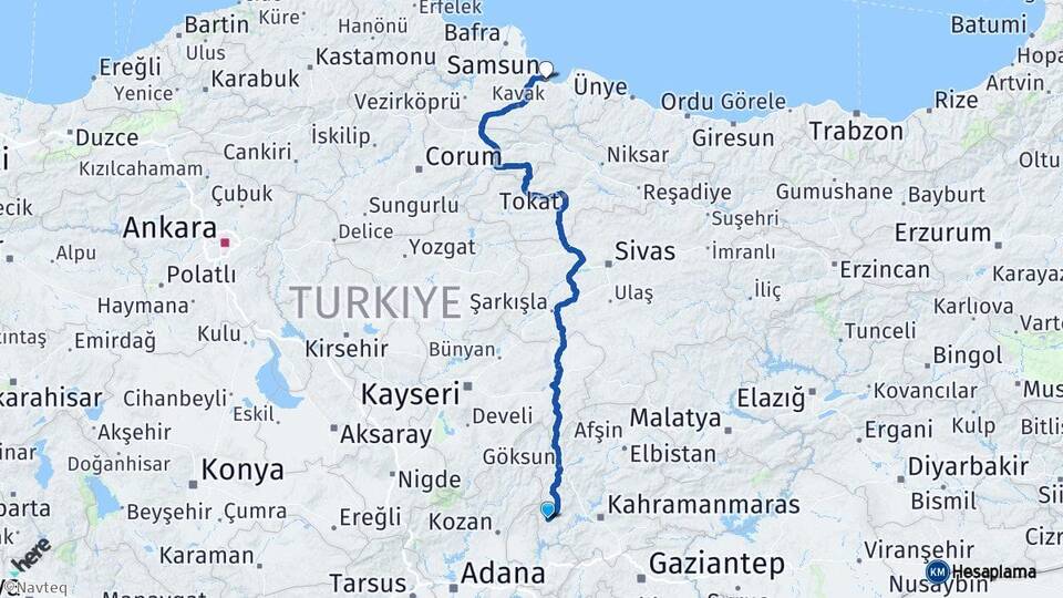 Kahramanmaraş Andırın Samsun Arası Kaç Km - Yol Haritası