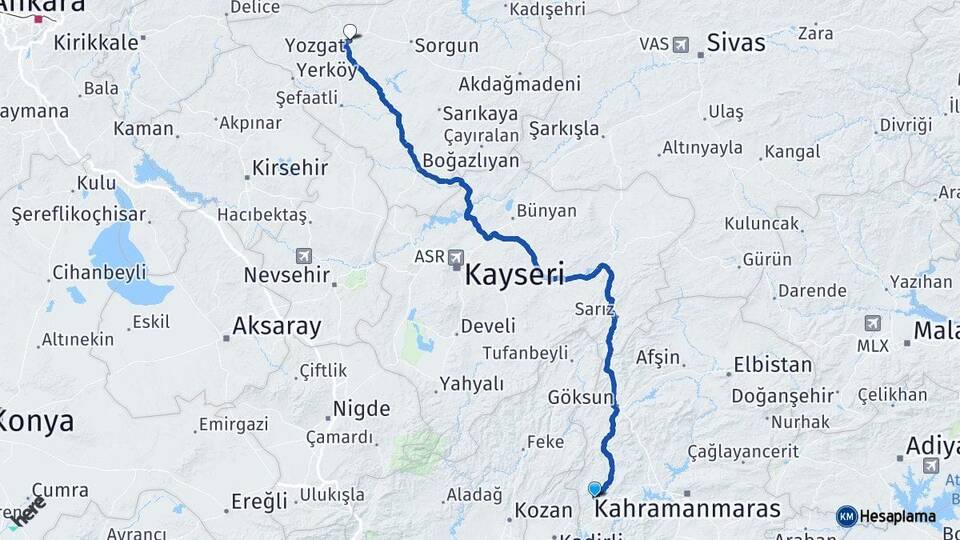 Kahramanmaraş Andırın Yozgat Arası Kaç Km - Yol Haritası