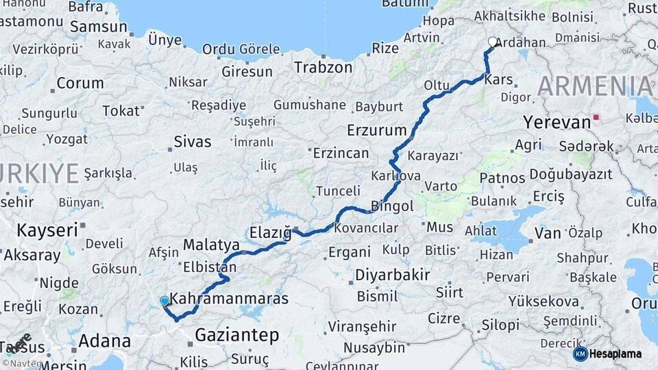 Kahramanmaraş Ardahan Arası Kaç Km - Yol Haritası