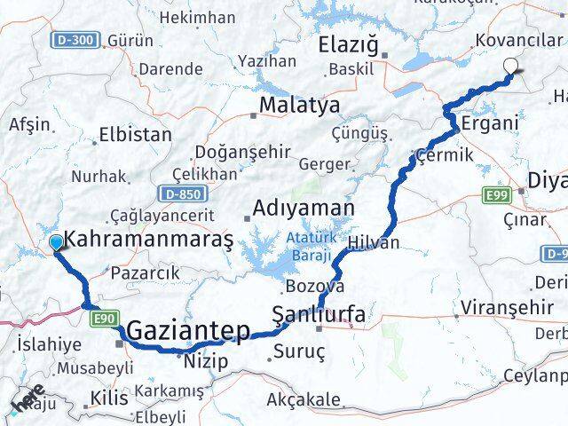 Kahramanmaraş Arıcak Elazığ Arası Kaç Km - Yol Haritası