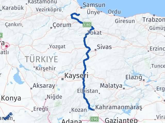 Kahramanmaraş Asarcık Samsun Arası Kaç Km - Yol Haritası
