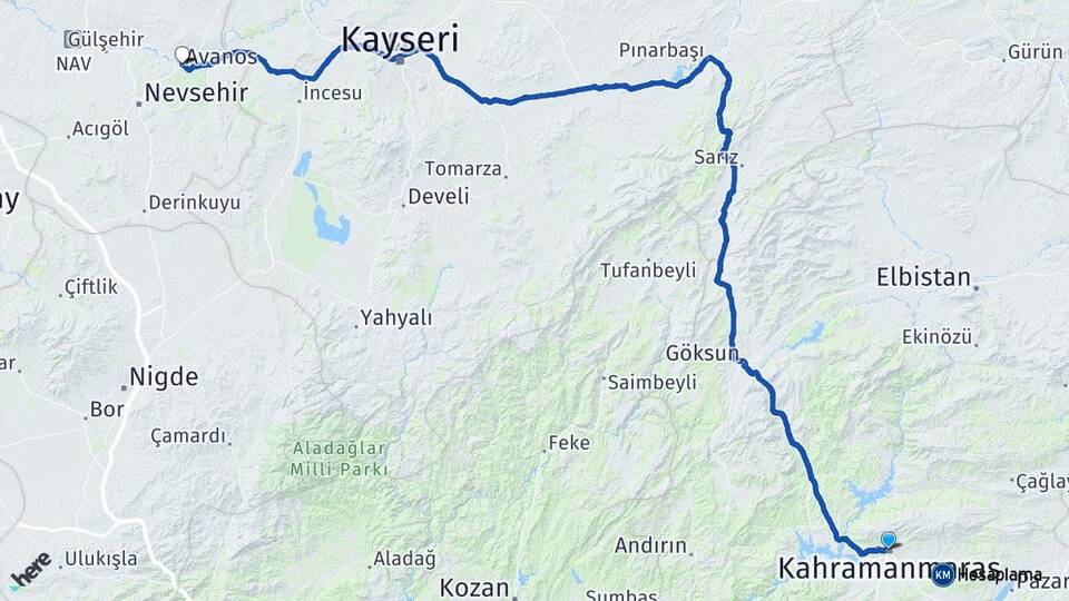 Kahramanmaraş Avanos Nevşehir Arası Kaç Km - Yol Haritası