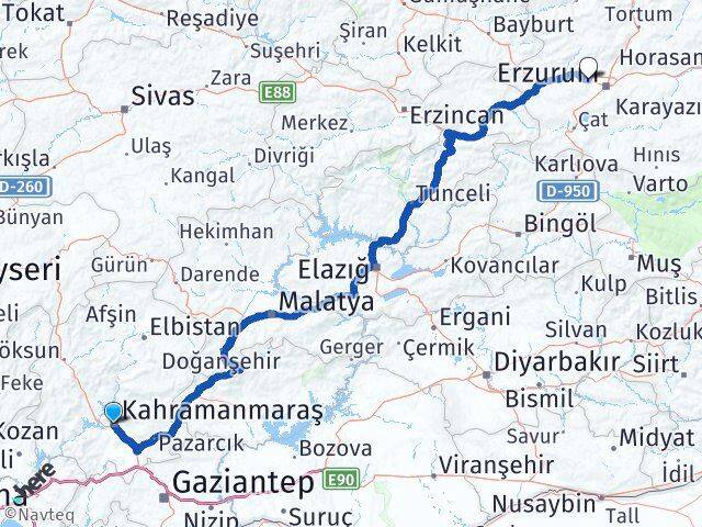 Kahramanmaraş Aziziye Erzurum Arası Kaç Km - Yol Haritası
