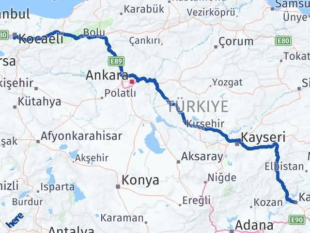 Kahramanmaraş Başiskele Kocaeli Arası Kaç Km - Yol Haritası