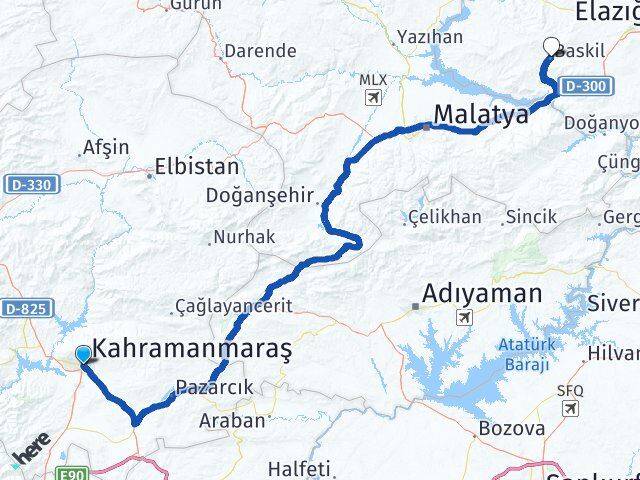 Kahramanmaraş Baskil Elazığ Arası Kaç Km - Yol Haritası