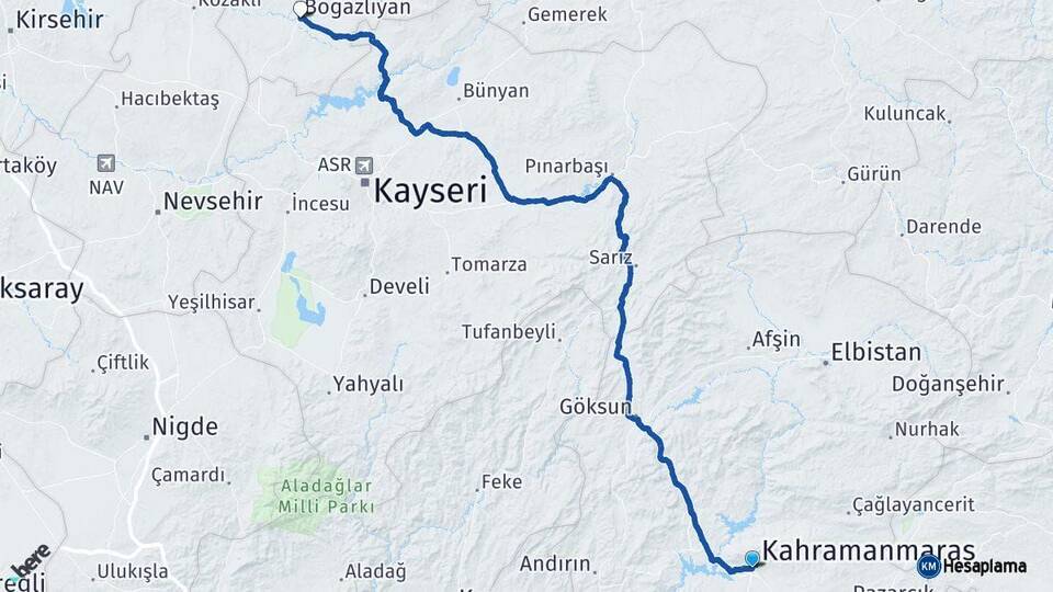 Kahramanmaraş Boğazlıyan Yozgat Arası Kaç Km - Yol Haritası