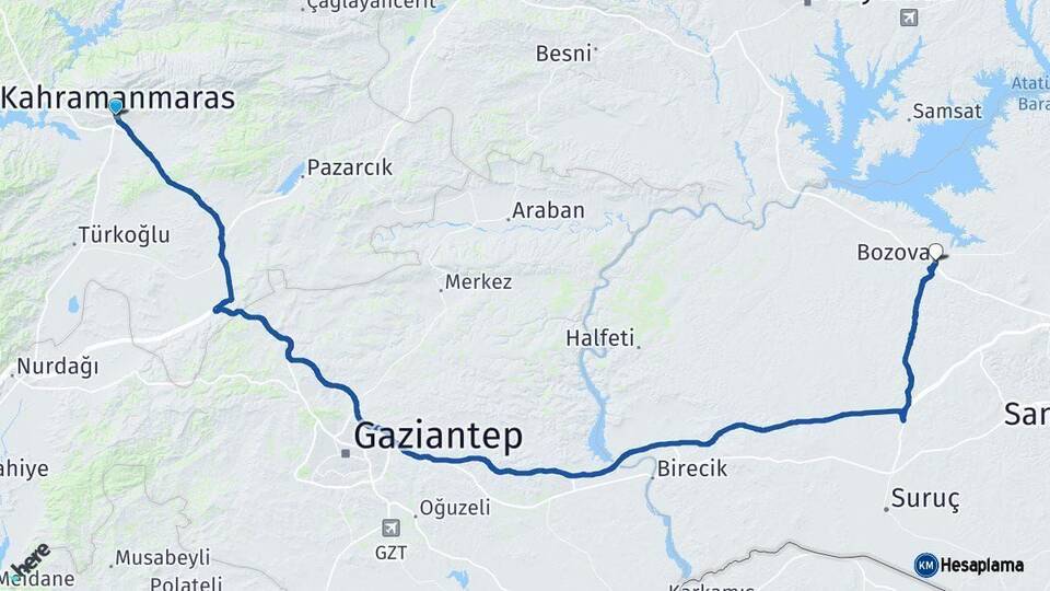 Kahramanmaraş Bozova Şanlıurfa Arası Kaç Km - Yol Haritası