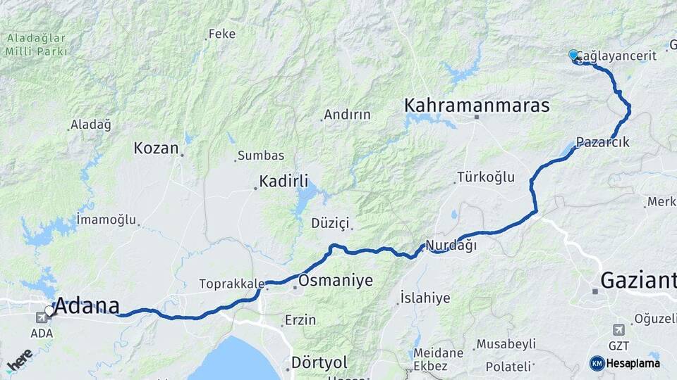 Kahramanmaraş Çağlayancerit Adana Arası Kaç Km - Yol Haritası