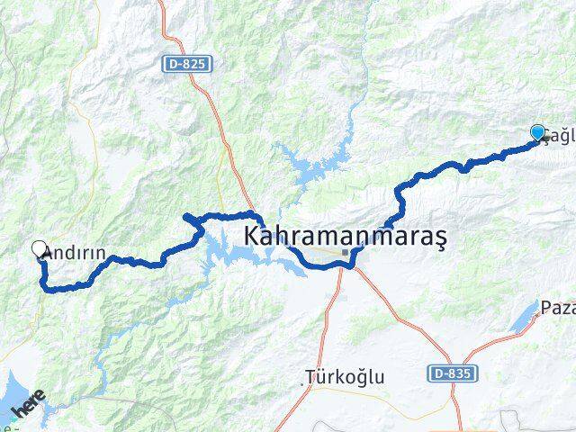 Kahramanmaraş Çağlayancerit Andırın Arası Kaç Km - Yol Haritası