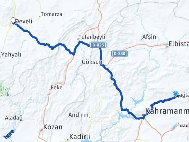 Kahramanmaraş Çağlayancerit Develi Kayseri Arası Kaç Km - Yol Haritası