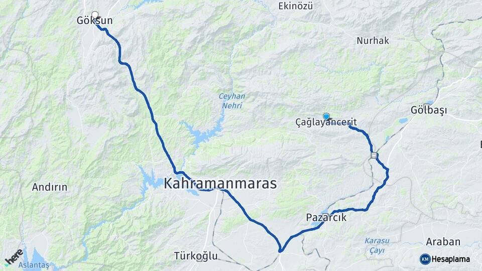 Kahramanmaraş Çağlayancerit Göksun Arası Kaç Km - Yol Haritası