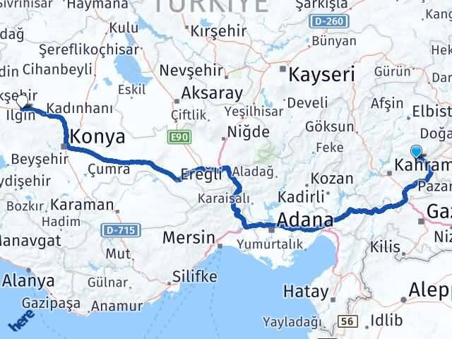 Kahramanmaraş Çağlayancerit Ilgın Konya Arası Kaç Km - Yol Haritası