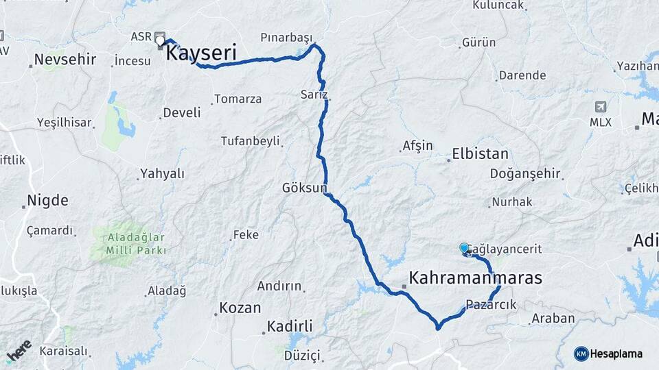 Kahramanmaraş Çağlayancerit Kayseri Arası Kaç Km - Yol Haritası