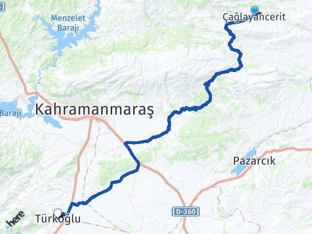 Kahramanmaraş Çağlayancerit Türkoğlu Arası Kaç Km - Yol Haritası