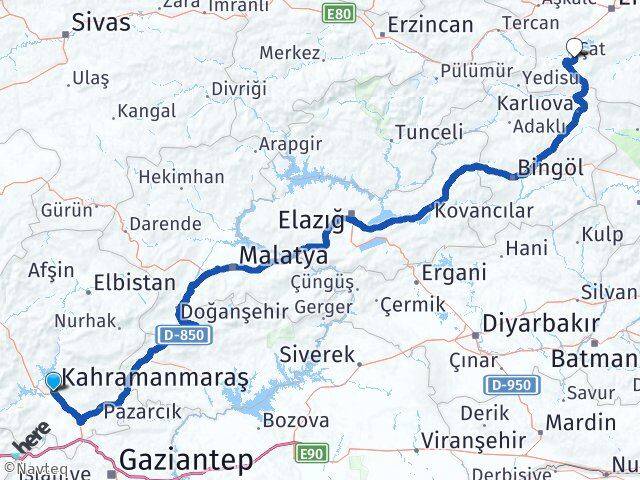 Kahramanmaraş Çat Erzurum Arası Kaç Km - Yol Haritası