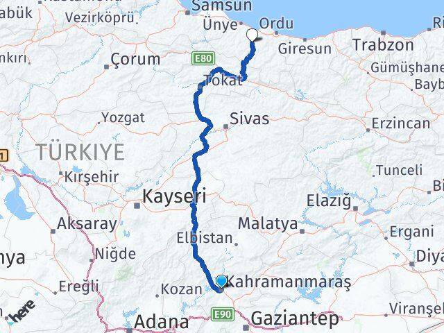 Kahramanmaraş Çatalpınar Ordu Arası Kaç Km - Yol Haritası