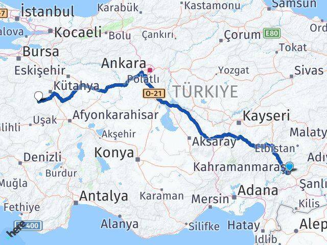 Kahramanmaraş Çavdarhisar Kütahya Arası Kaç Km - Yol Haritası
