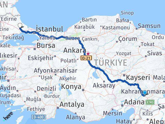 Kahramanmaraş Çerkezköy Tekirdağ Arası Kaç Km - Yol Haritası