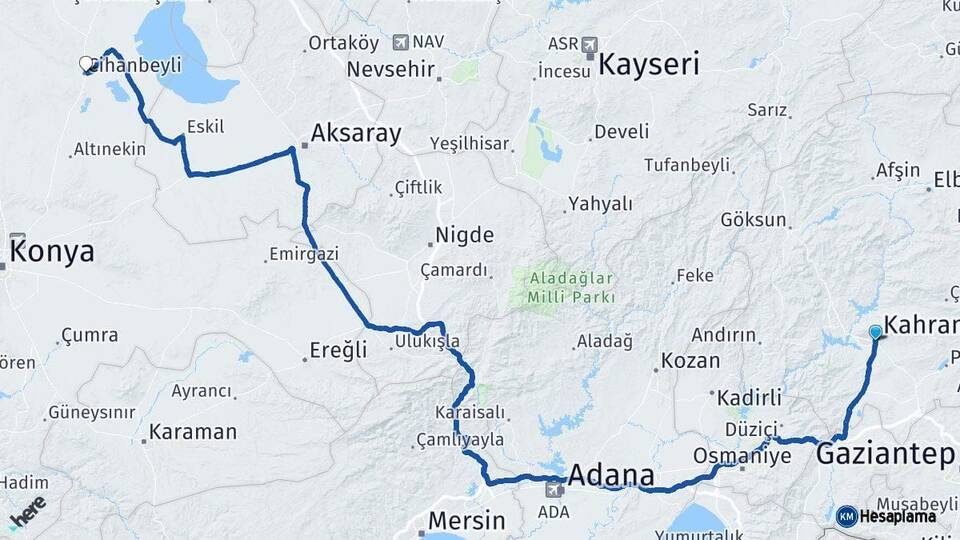 Kahramanmaraş Cihanbeyli Konya Arası Kaç Km - Yol Haritası