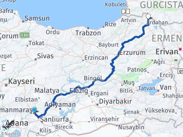 Kahramanmaraş Damal Ardahan Arası Kaç Km - Yol Haritası