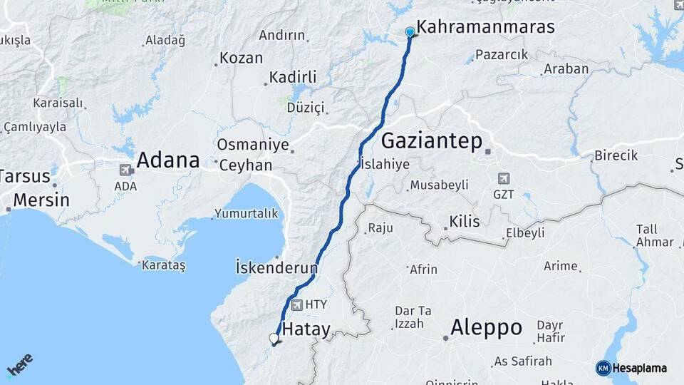 Kahramanmaraş Defne Hatay Arası Kaç Km - Yol Haritası