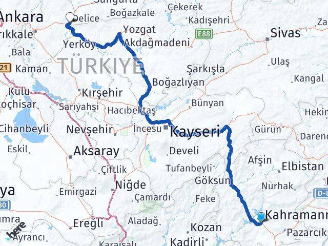 Kahramanmaraş Delice Kırıkkale Arası Kaç Km - Yol Haritası