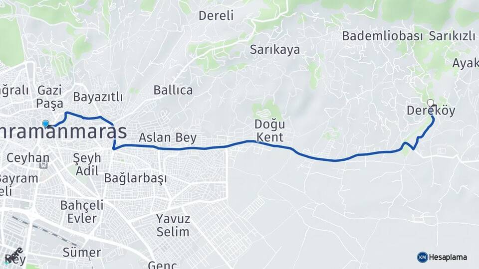 Kahramanmaraş Dereköy Dulkadiroğlu Arası Kaç Km - Yol Haritası