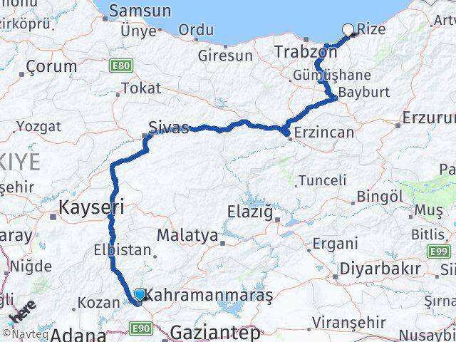 Kahramanmaraş Derepazarı Rize Arası Kaç Km - Yol Haritası