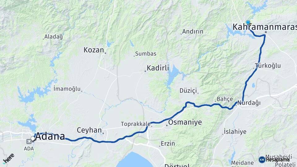 Kahramanmaraş Dulkadiroğlu Adana Arası Kaç Km - Yol Haritası