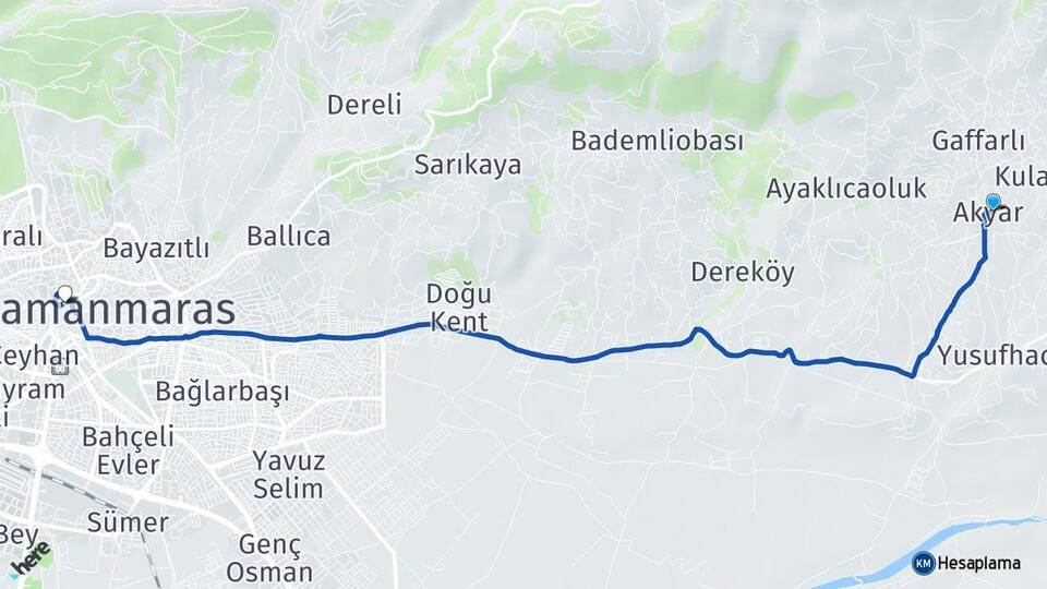 Kahramanmaraş Dulkadiroğlu Akyar Arası Kaç Km - Yol Haritası