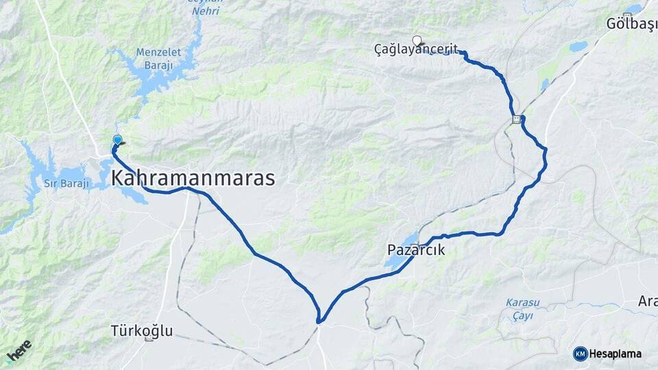 Kahramanmaraş Dulkadiroğlu Çağlayancerit Arası Kaç Km - Yol Haritası