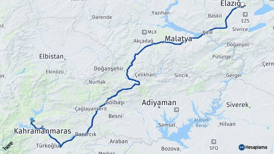 Kahramanmaraş Dulkadiroğlu Elazığ Arası Kaç Km - Yol Haritası